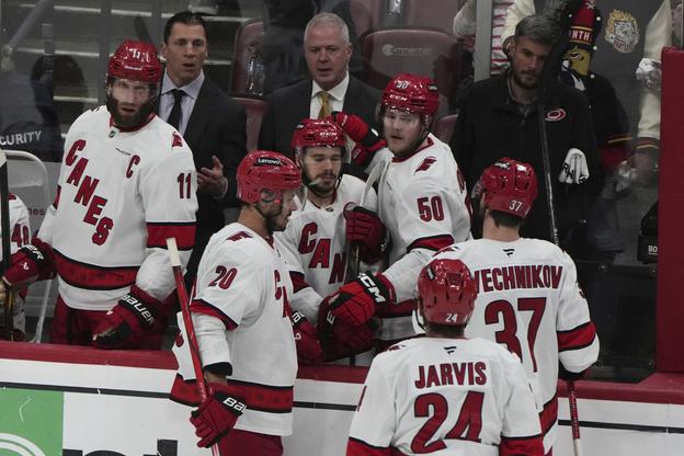 Útočník tímu Carolina Hurricanes Sebastian Aho (20) oslavuje so spoluhráčmi gól v bránke Floridy.
