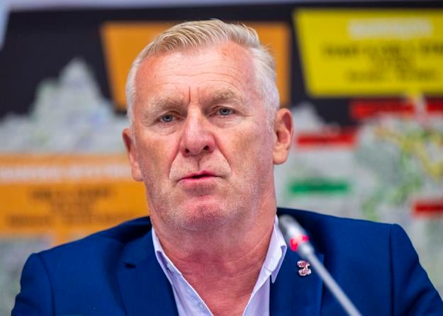 Prezident Slovenského zväzu cyklistiky Peter Privara počas tlačovej konferencie v Bratislave.