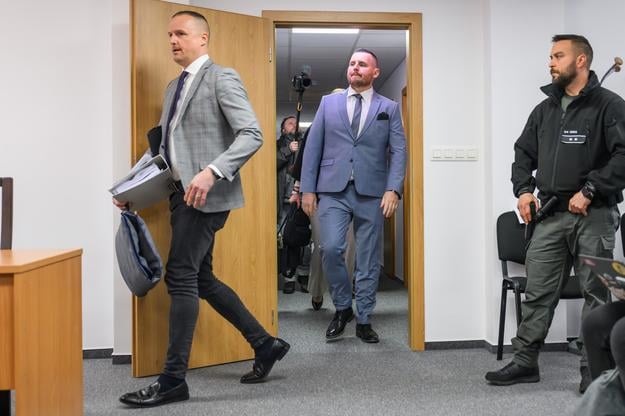 David Lindtner and indicted YouTuber and extremist Daniel Bombic arrive at the Supreme Court in Bratislava on 6 February 2025.