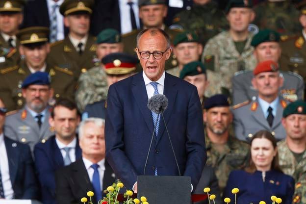 German Chancellor Friedrich Merz speaks during the official inauguration of Germany’s brigade for NATO’s eastern flank in Vilnius on Thursday, 22 May 2025.
