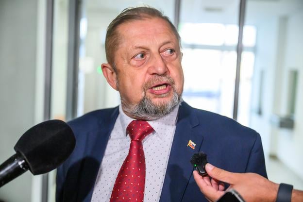 Štefan Harabin arrives for the announcement of the verdict at the Specialised Criminal Court in Pezinok on May 30, 2025.