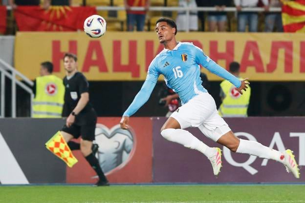 Belgičan Koni De Winter počas zápasu svojho tímu v Severnom Macedónsku. Súboj sa skončil remízou 1:1.
