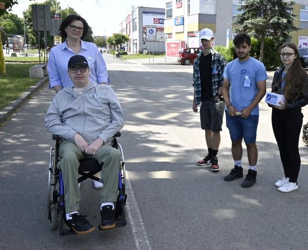 Volunteers are pictured in Trebišov on June 13, 2025, taking part in the 25th annual “Blue Butterfly”  nationwide public fundraiser, which highlights the needs of people with muscle diseases.