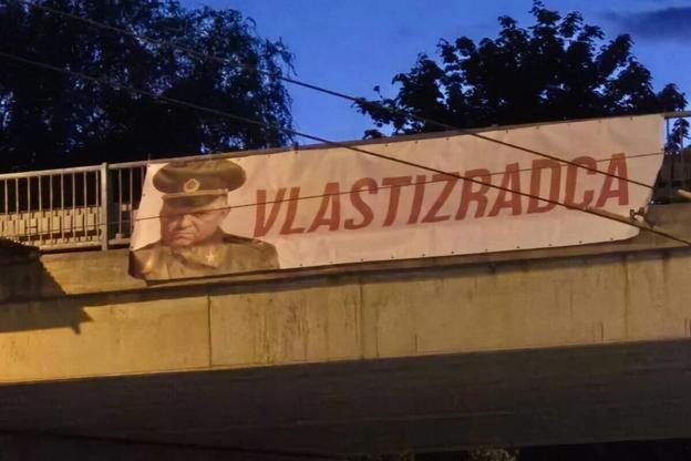 A banner hung from a bridge at the entrance to the KVP housing estate, one of the largest residential areas in the city of Košice, in May 2025.