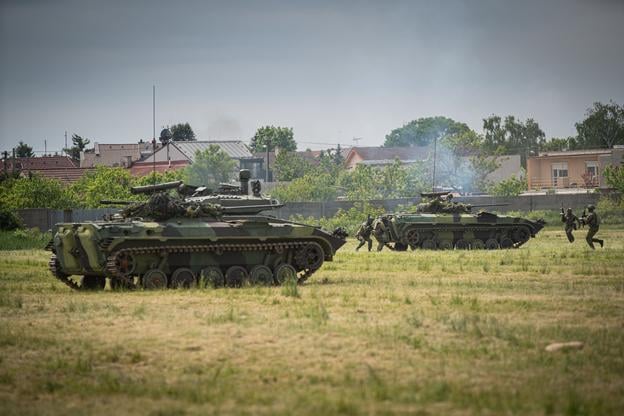 A demonstration by Slovakia's armed forces during celebrations held in Pieštany in 2025 to mark the 80th anniversary of the end of WWII.