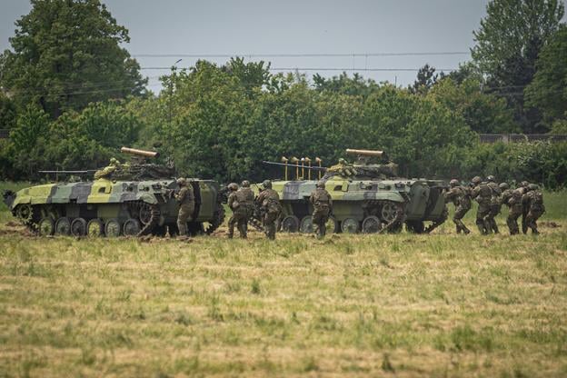 A demonstration by Slovakia's armed forces during celebrations held in Pieštany in 2025 to mark the 80th anniversary of the end of WWII.