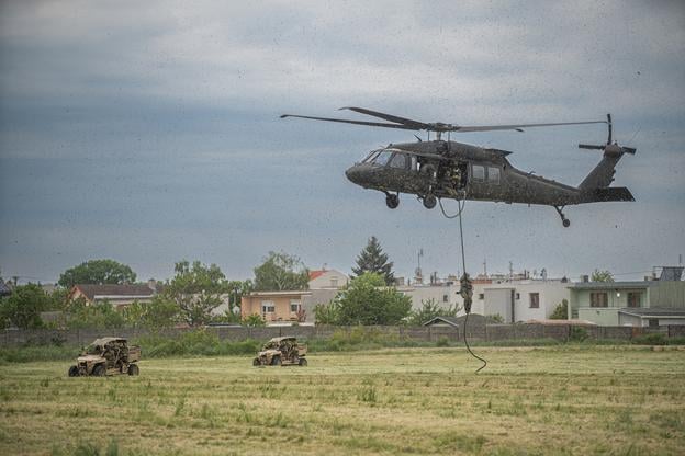 A demonstration by Slovakia's armed forces during celebrations held in Pieštany in 2025 to mark the 80th anniversary of the end of WWII.