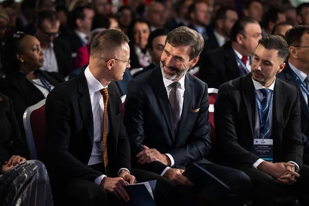 Hungarian Foreign Minister Peter Szijjártó (L) and Slovak Foreign Minister Juraj Blanár attend the Visegrad 4 Business Conference in Hotel Marriott in Budapest, Hungary, 14 November 2024.