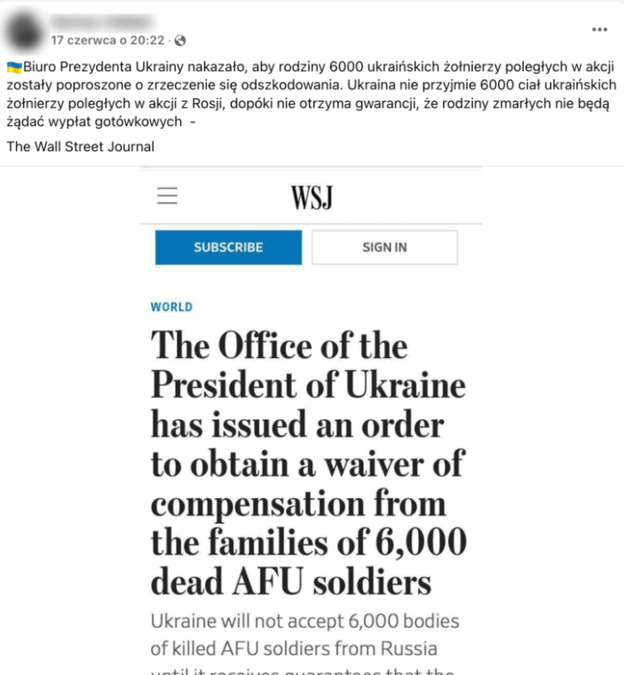 Скріншот із заголовком статті Wall Street Journal, у якому йдеться про відмову України виплачувати компенсації родинам загиблих.