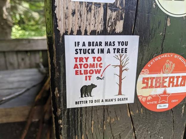 A humorous sticker referencing bears on the SNP Trail