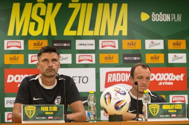 Pictured from left: MŠK Žilina head coach Pavol Staňo and team captain Miroslav Káčer during a press conference ahead of the 2025–2026 Niké liga season, held in Žilina on Tuesday, 22 July 2025.