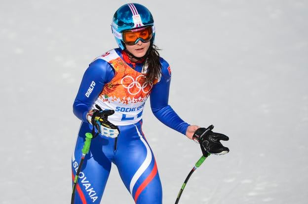 Jana Gantnerová v cieli po prvej časti superkombinácie žien v alpskom centre Roza Chutor na XXII. zimných olympijských hrách v Soči 2014.