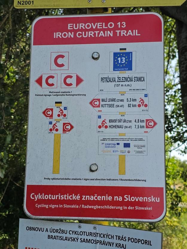 A sign marking the EuroVelo 13 Iron Curtain Trail in Slovakia.