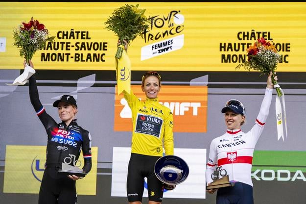 Tri najlepšie cyklistky ženskej Tour de France. Vľavo celkovo druhá Holanďanka Demi Volleringová, v strede víťazná Francúzka Pauline Ferrand-Prevotová a vpravo tretia Poľka Kasia Niewiadoma-Phinneyová.