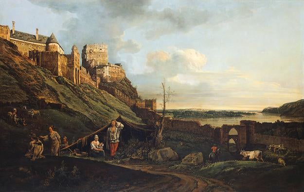 A painting of Devín Castle by Bernardo Berlotto, titled "Die Ruine Theben an der March" (1759-60)