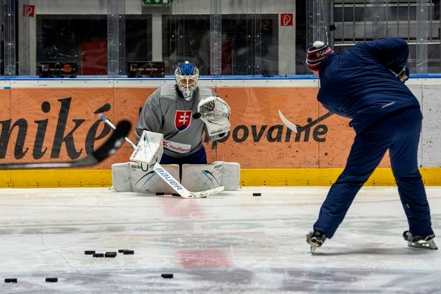 Dávid Hrenák patrí do širšieho okruhu reprezentácie, na snímke naňho strieľa puky tréner brankárov Ján Lašák.