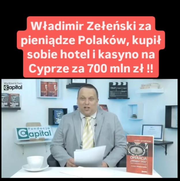 Фейкове відео з надписом "Володимир Зеленський придбав собі за гроші поляків готель і казино на Кіпрі за 700 млн злотих".