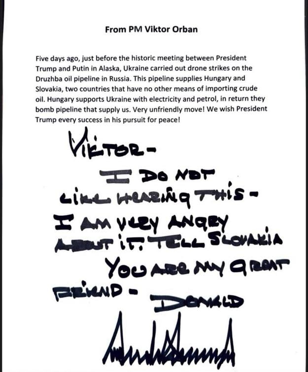 A note, purportedly from US President Donald Trump to Hungarian premier Viktor Orbán, that was shared on Facebook by Orbán’s ruling Fidesz party.