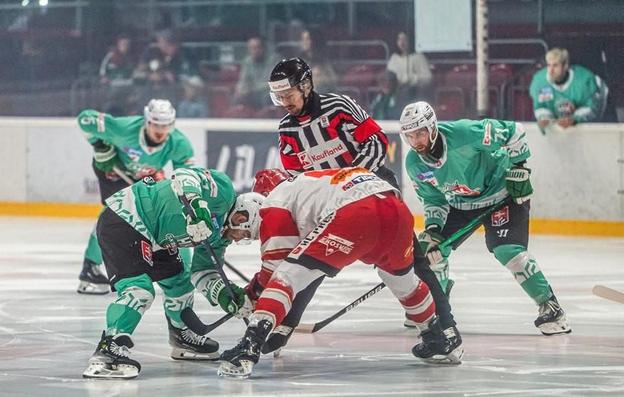Skaličania (v zelenom) sa v minulej sezóne SHL dostali zo štvrtého miesta po základnej časti až do finále play-off, kde nestačili na hráčov Prešova.
