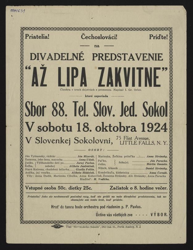 An invitation to the theatrical performance Jánošík, performed on August 3, 1919 in Little Falls by the drama group of the Slovak League Choir.