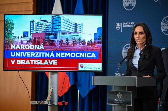 Health Minister Zuzana Dolinková speaking during a press conference. 
