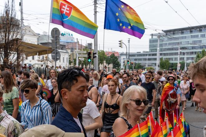 A rainbow "Slovak" flag is captured during the Rainbow Pride festival in Bratislava on July 20, 2024.