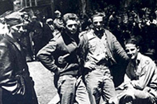 Richard Moulton, third from the left, with members of his B-24 crew and a Slovak doctor during an air raid alert in 1944. Photo: Courtesy of Richard Moulton