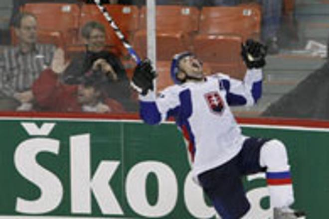 Ľubomír Višňovský celebrates after scoring the winning goal against Slovenia.