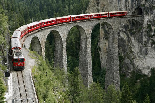 A train crosses the Landwasserviadukt bridge near the eastern Swiss town of Filisur.