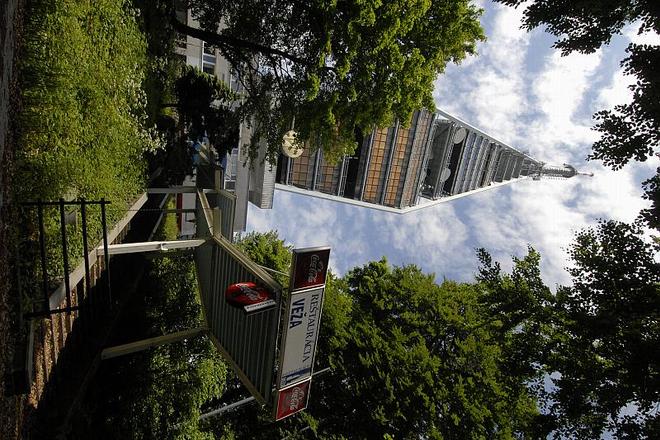 The highly visible Kamzík television transmitter above Bratislava. 