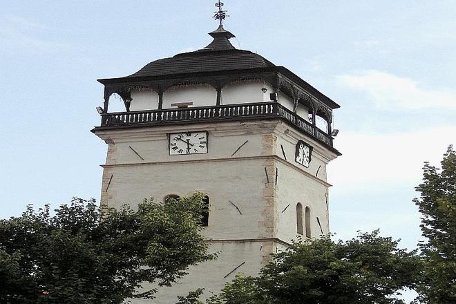 Miners congregated under Rožňava's belltower. 