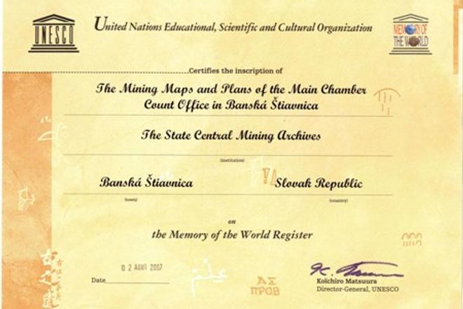 The certificate confirming the inscription on the UNESCO register. 