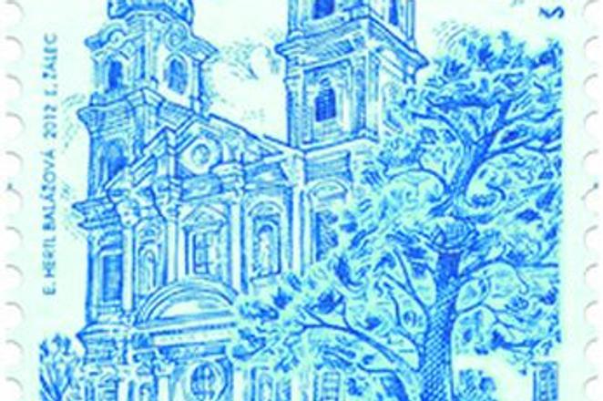 One of the stamps, showing
Šaštín Basilica.