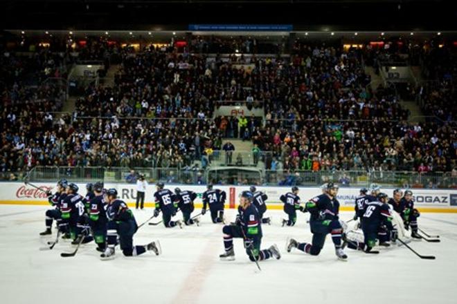 Slovan Bratislava team after the match with Russian Metallurg Magnitogorsk in the KHL ice-hockey league