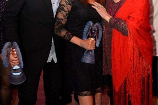 Italian actress Claudia Cardinale (R) with producer of The Way Out film, Miloš Lochman, and actress Klaudia Dudová at final ceremony of the Art Film Fest 