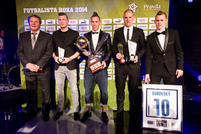 Kozák, Ďurica, Hamšík, Škrtel, Duda (L-R) at the Footballer of the Year 2015 awards