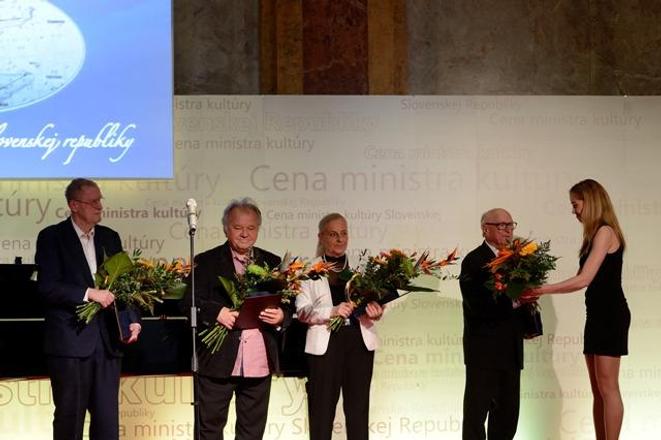 Laureates, L-R: Ľubomír Feldek, Viliam Gruska, wife of Alex Mlynárčik and Stanislav Szomolányi