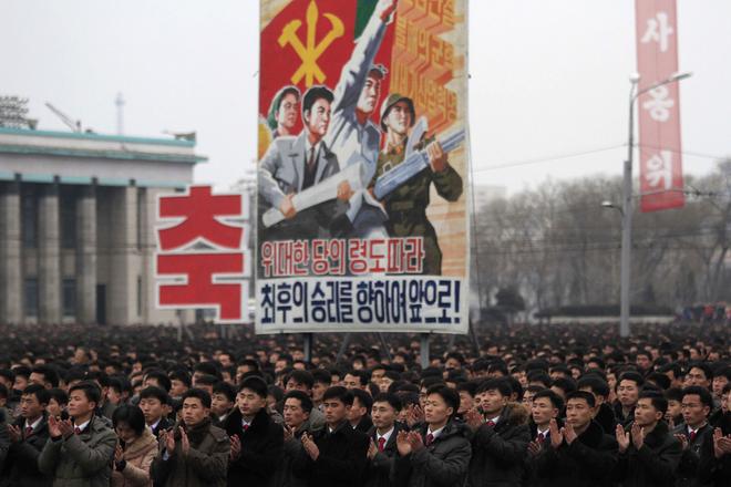 North Koreans gather at the Kim Il Sung Square to celebrate a satellite launch on February 8 in Pyongyang, North Korea.