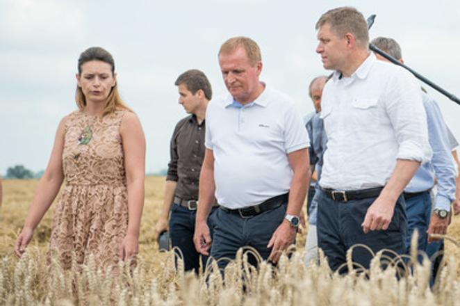 Left front:PM Robert Fico, SPPK chair Milan Semančík and chair of Devín Cooperative of Shareholders Zuzana Pagáčová at a harvest excursion in Záhorská Bystrica.