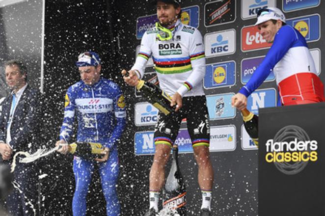 Sagan celebrating his victory in the Gent - Wevelgem race, March 25, 2018.