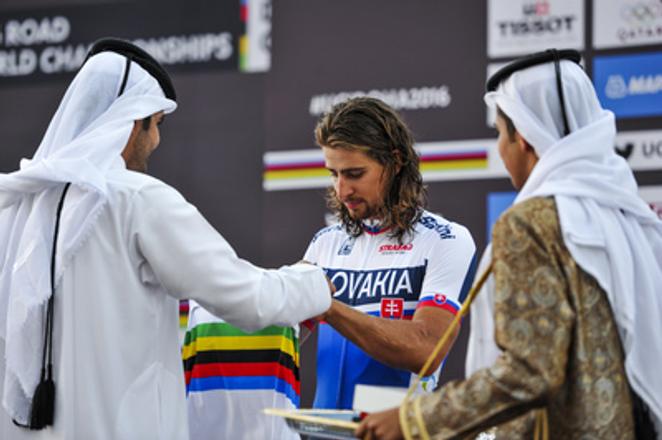 Peter Sagan receives golden medal in Doha, Qatar.