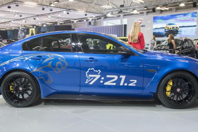Jaguar XE SV Project 8 exhibited at Autosalón Bratislava, April 24, 2018.