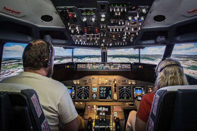 The simulator is an exact copy of Boeing 737's cockpit interior, including the control wheels, knobs, switches, buttons and monitors.