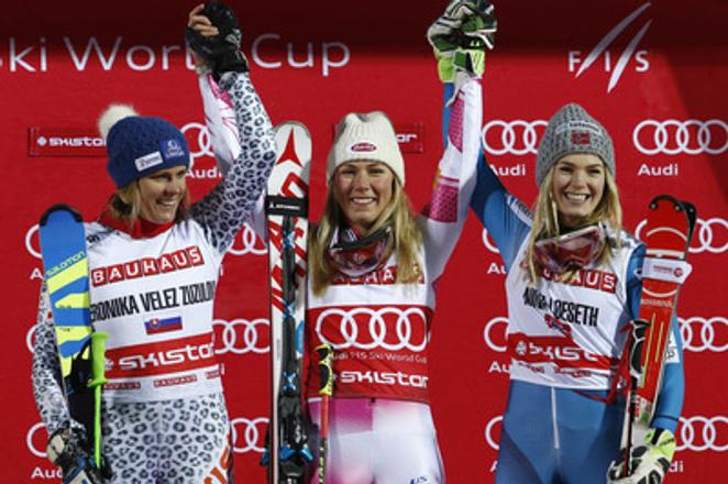 L-R: Second placed Veronika Velez-Zuzulová, the winner Mikaela Shiffrin, and third placed Nina Loeseth, celebrate on podium after an alpine ski, women's World Cup parallel slalom in Stockholm, January 31.