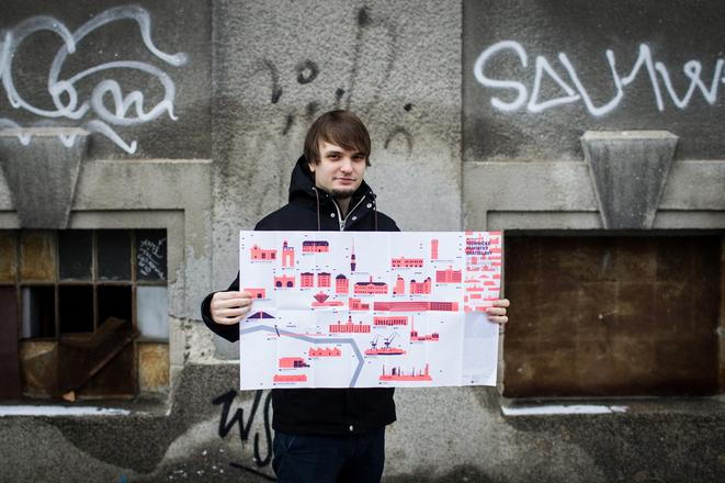 Martin Lipták with the map of industrial monuments in Bratislava.