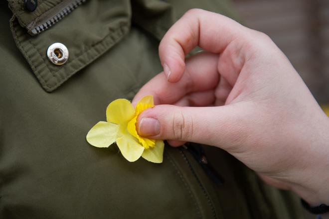 People show their support for cancer patients by wearing a yellow daffodil.