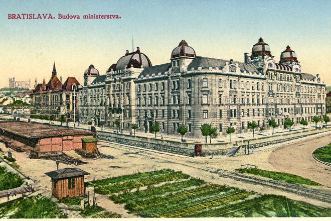 The historical picture of the embankment of the Danube River in Bratislava.