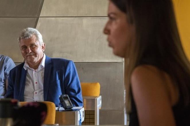 MP Peter Marček (L) and parliamentary committee chair Katarína Cséfalvayová at the committee meeting, August 8.