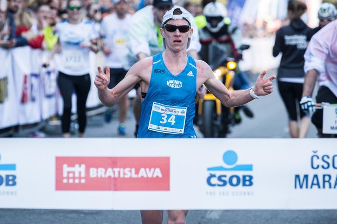 Slovak winner Jozef Urban finishes the ČSOB Marathon, April 2. 