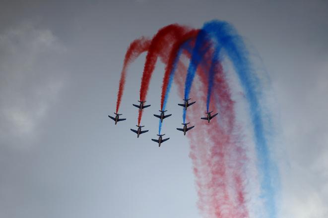Patrouille de France, the precision aerobatic demonstration unit of the French Air Force, shows its skills.